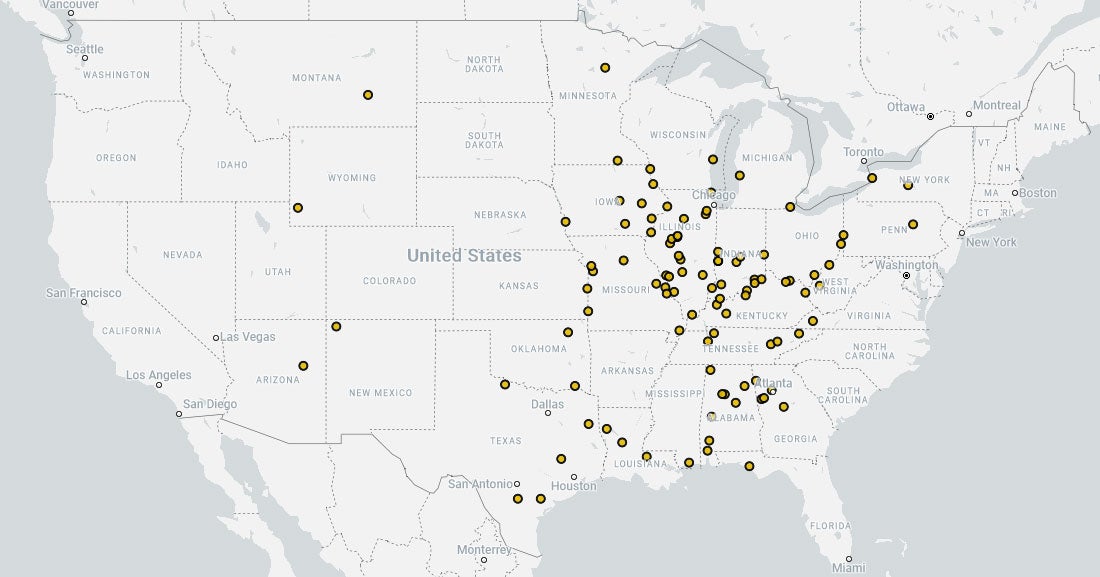 Map showing the locations of 101 coal plants with toxic sludge threatening our drinking water.