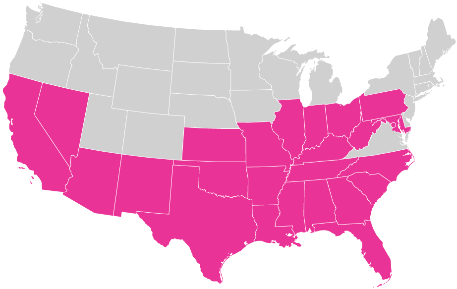 Map of the 25 states where the organophosphate pesticide acephate is known to be used.