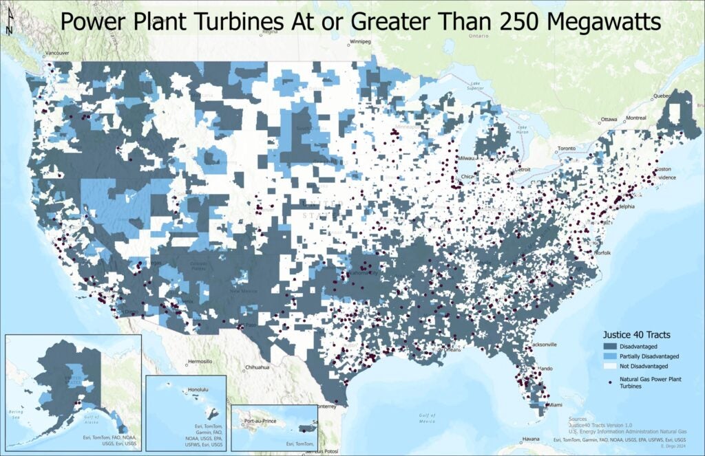A map of gas-fired turbines and LNG terminals in the United States. (Jane Williams / Sierra Club)