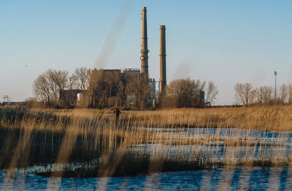 A power plant with tall smoke stacks sits in the distance, looming over at watery marsh in the foreground.