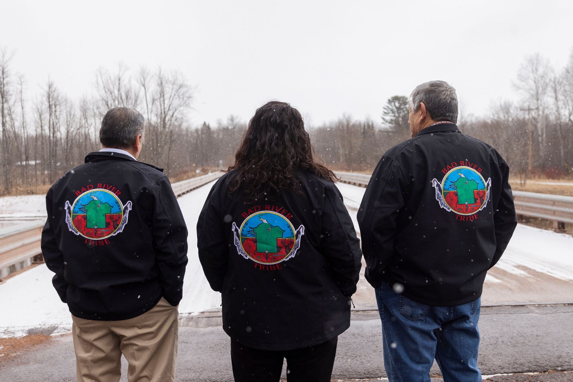 Bad River Band of Lake Superior Chippewa Tribal Vice Chairman Patrick Bigboy, Senior Member Liz Arbuckle, and Tribal Chairman Robert Blanchard, left to right. Photos from Ashland, Wisconsin and the Bad River Reservation on March 22, 2024. (Jaida Grey Eagle for Earthjustice)