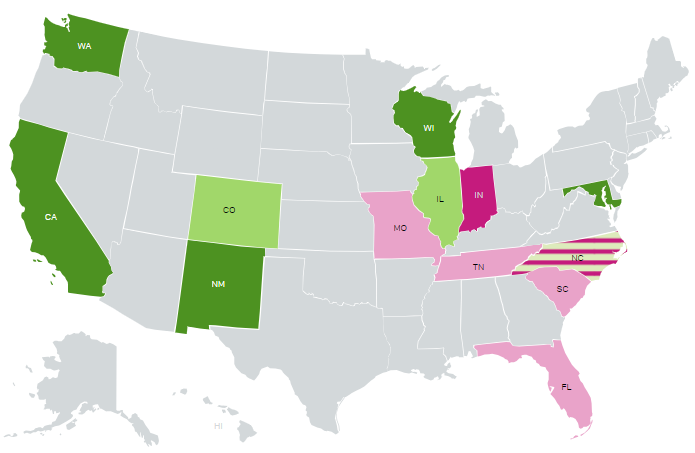 Map showing where states are strengthening and weakening protections for wetlands and streams.