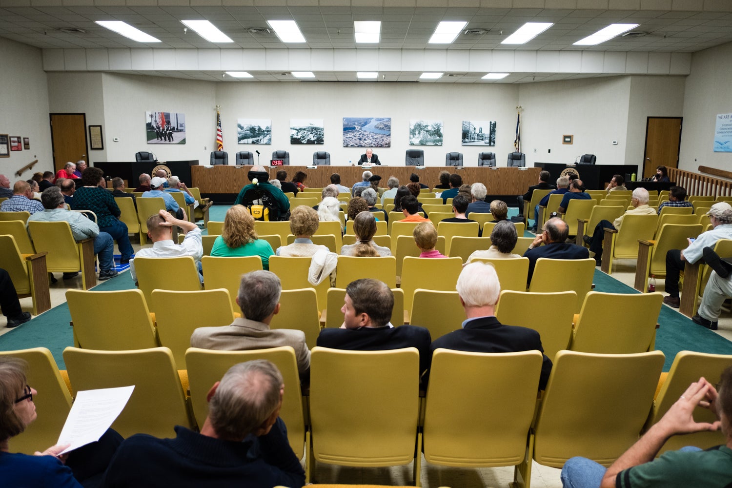 Community members fill a West Virginia Public Service Commission hearing in 2017 to oppose the sale of the Pleasants Power Plant.