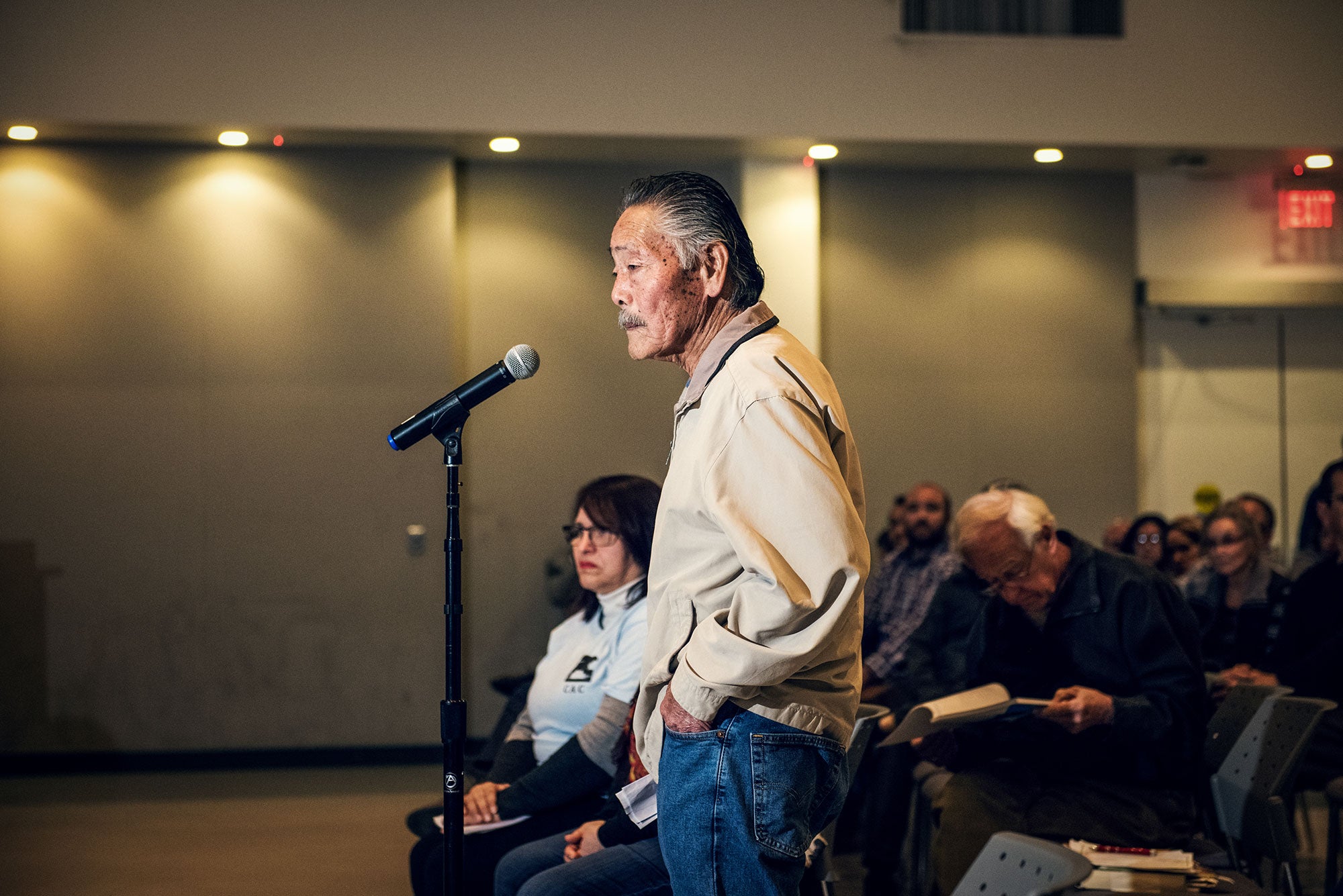 Kamimura speaks at a public hearing at the Hacienda Heights Community Center on Feb. 12, 2020.