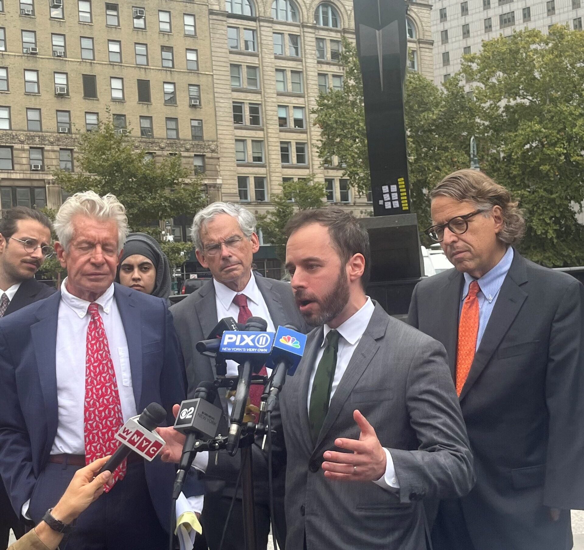 Dror Ladin speaks to press Congestion Pricing motion to dismiss hearing on September 27, 2024.