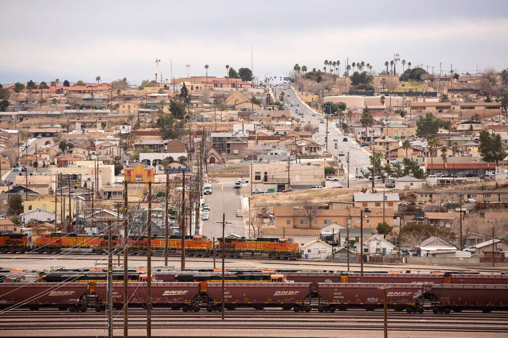 Trains pass through the heart of downtown Barstow, California. (Matt Gush / Getty Images)