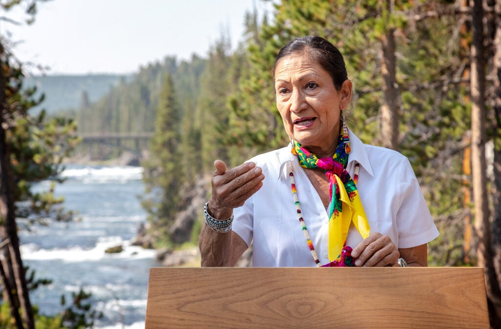 Interior Secretary Deb Haaland speaks during an event at the Yellowstone River. (Jacob W. Frank / NPS)