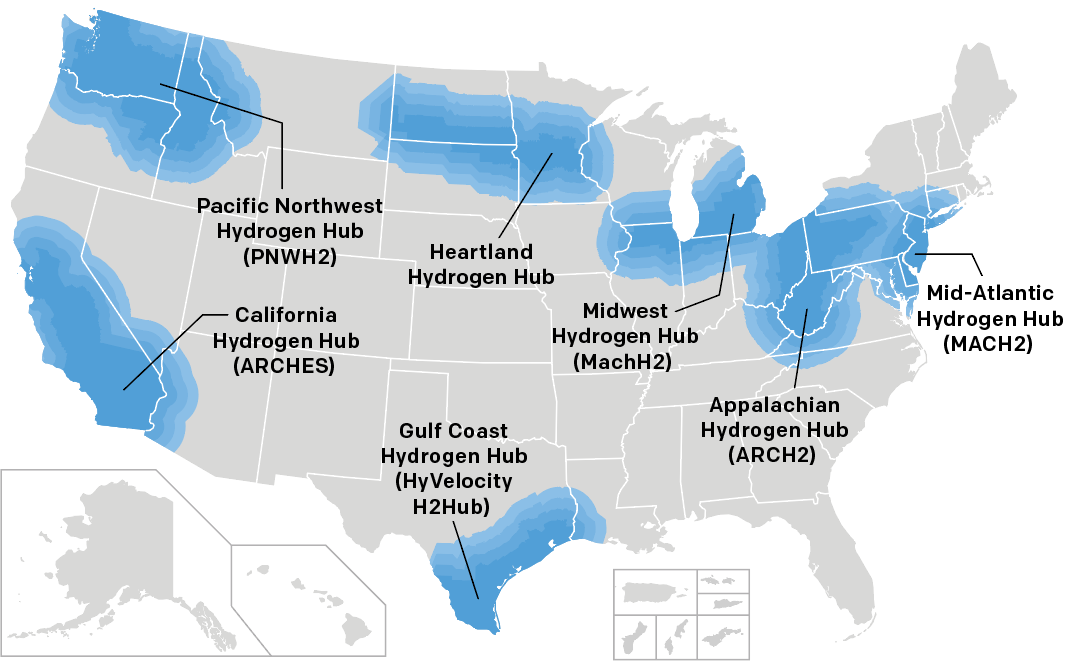 Map of the locations of the seven federal Hydrogen Hubs.