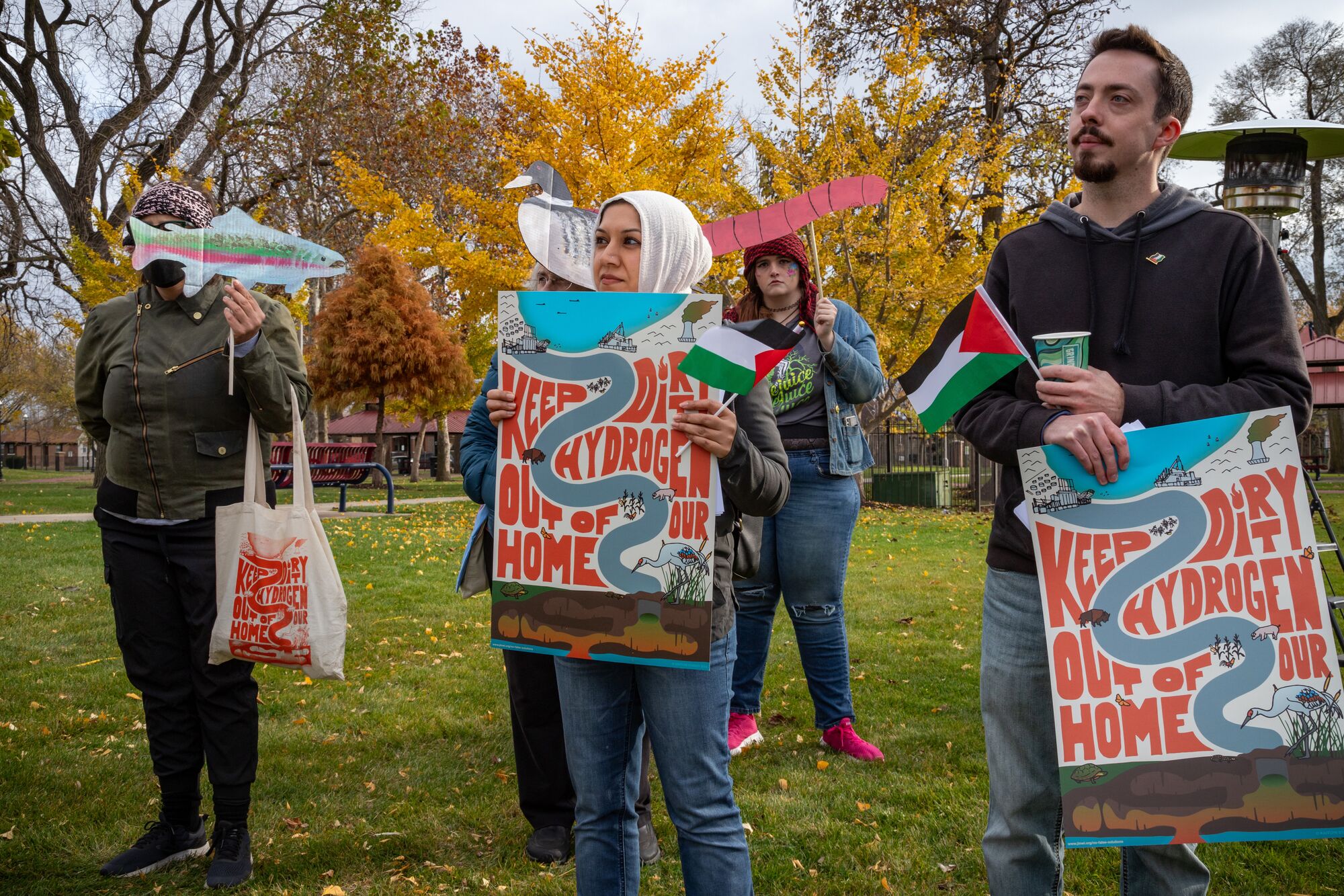 Activists rally against a planned hydrogen hub in the Midwest held on Nov. 16, 2024 in East Chicago, Indiana. 