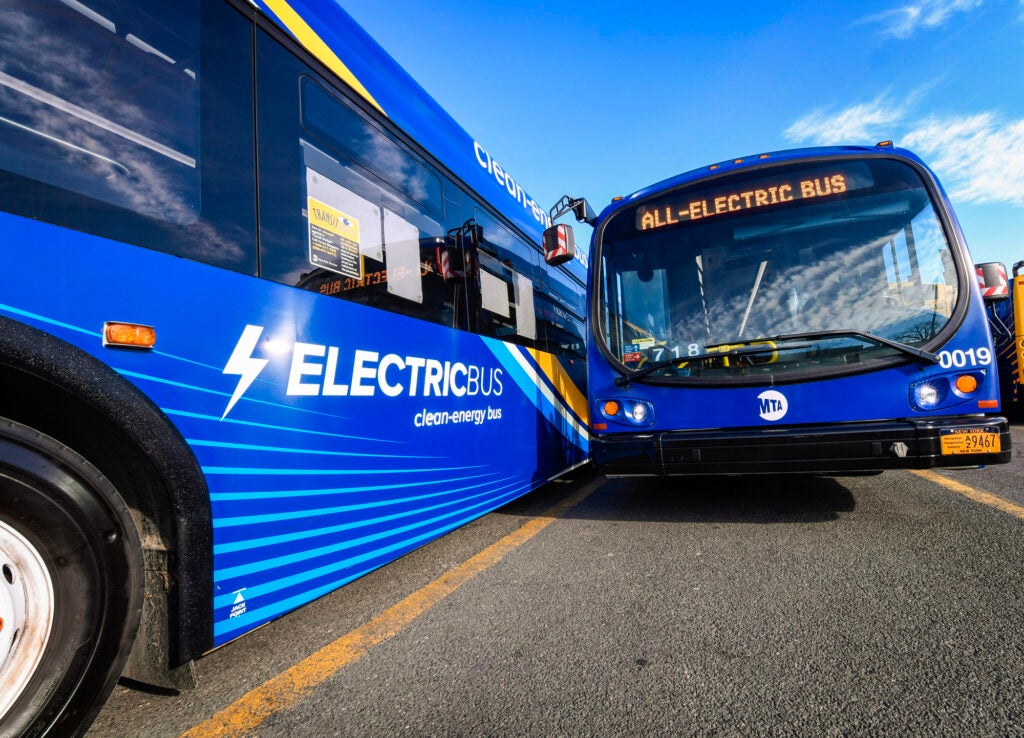 MTA electric buses at the Jamaica Depot in New York City. (Marc A. Hermann / MTA)