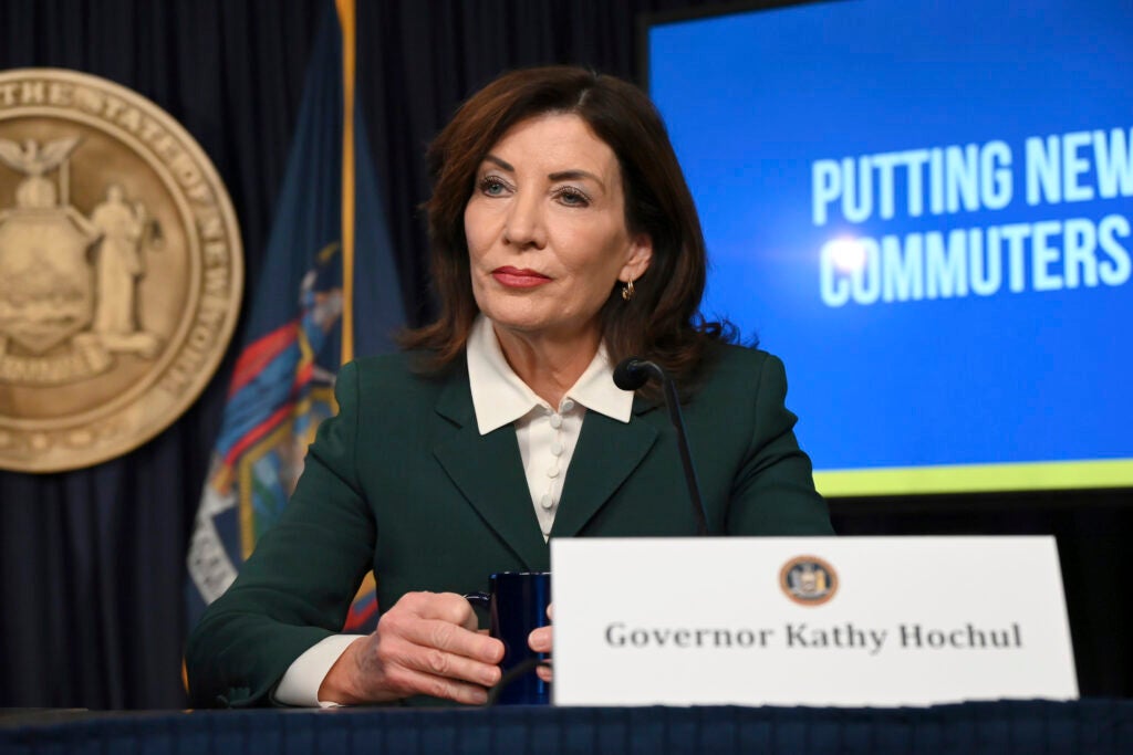New York Gov. Kathy Hochul unveils the path to unpausing congestion pricing in New York City at a press conference in Manhattan, New York, United States, on November 14, 2024. (Kyle Mazza / NurPhoto via AP)