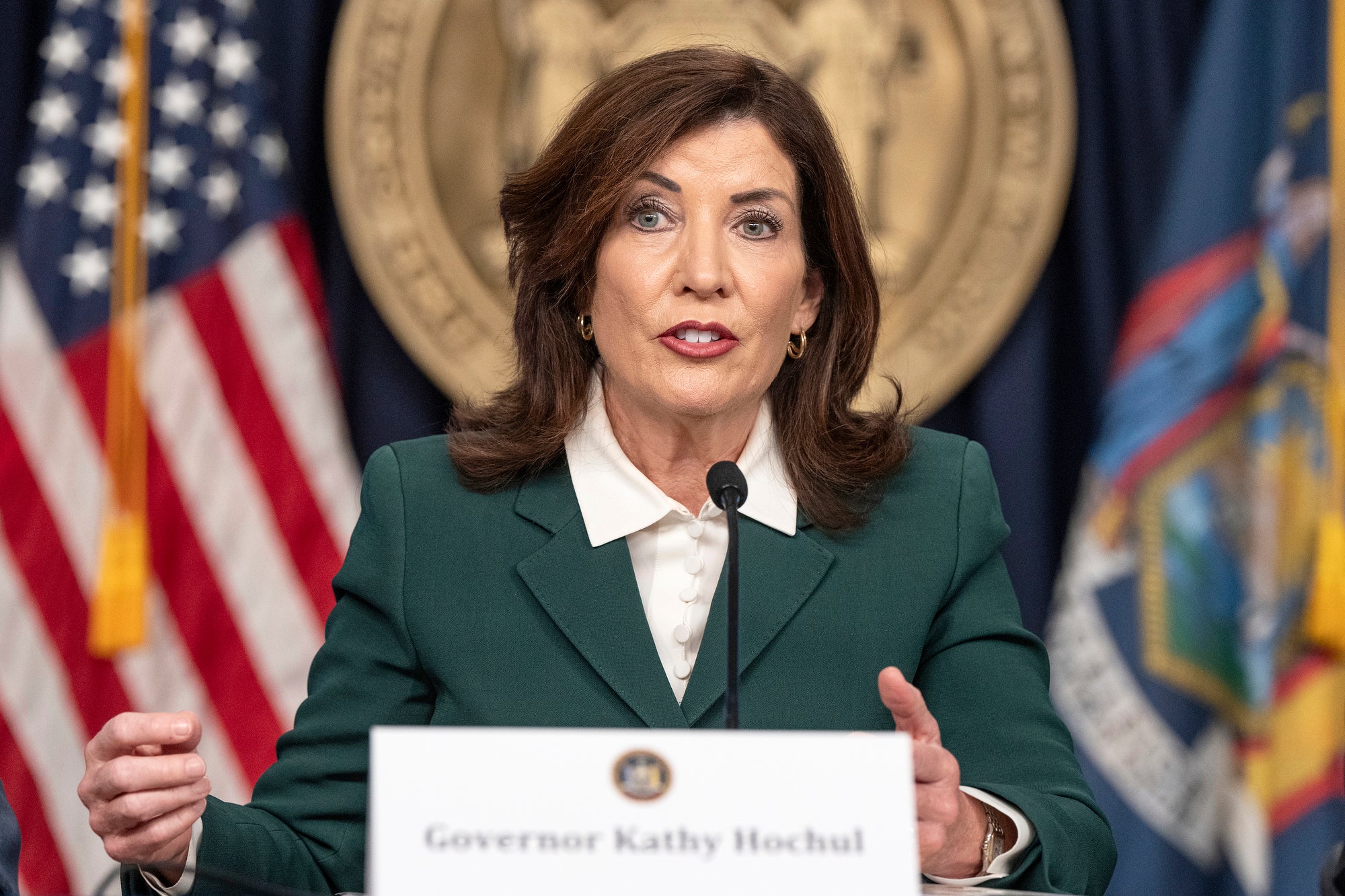 Kathy Hochul, a woman wearing a green jacket, speaks in front of flags and the state seal.