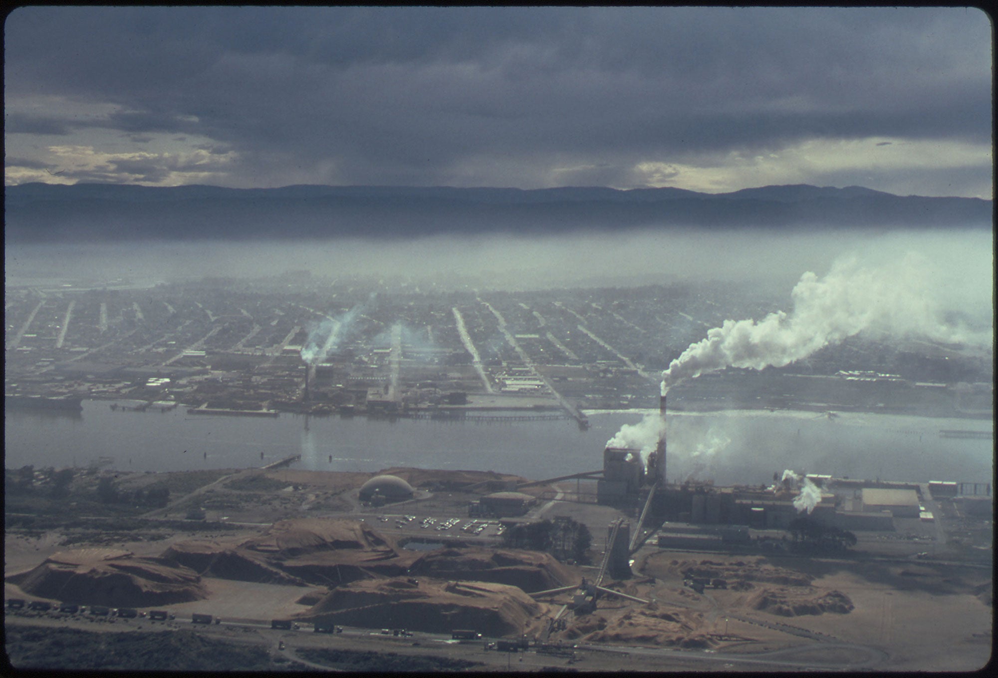 Aerial view of smog over the industrial Humboldt Bay-Eureka area in California in May 1972.