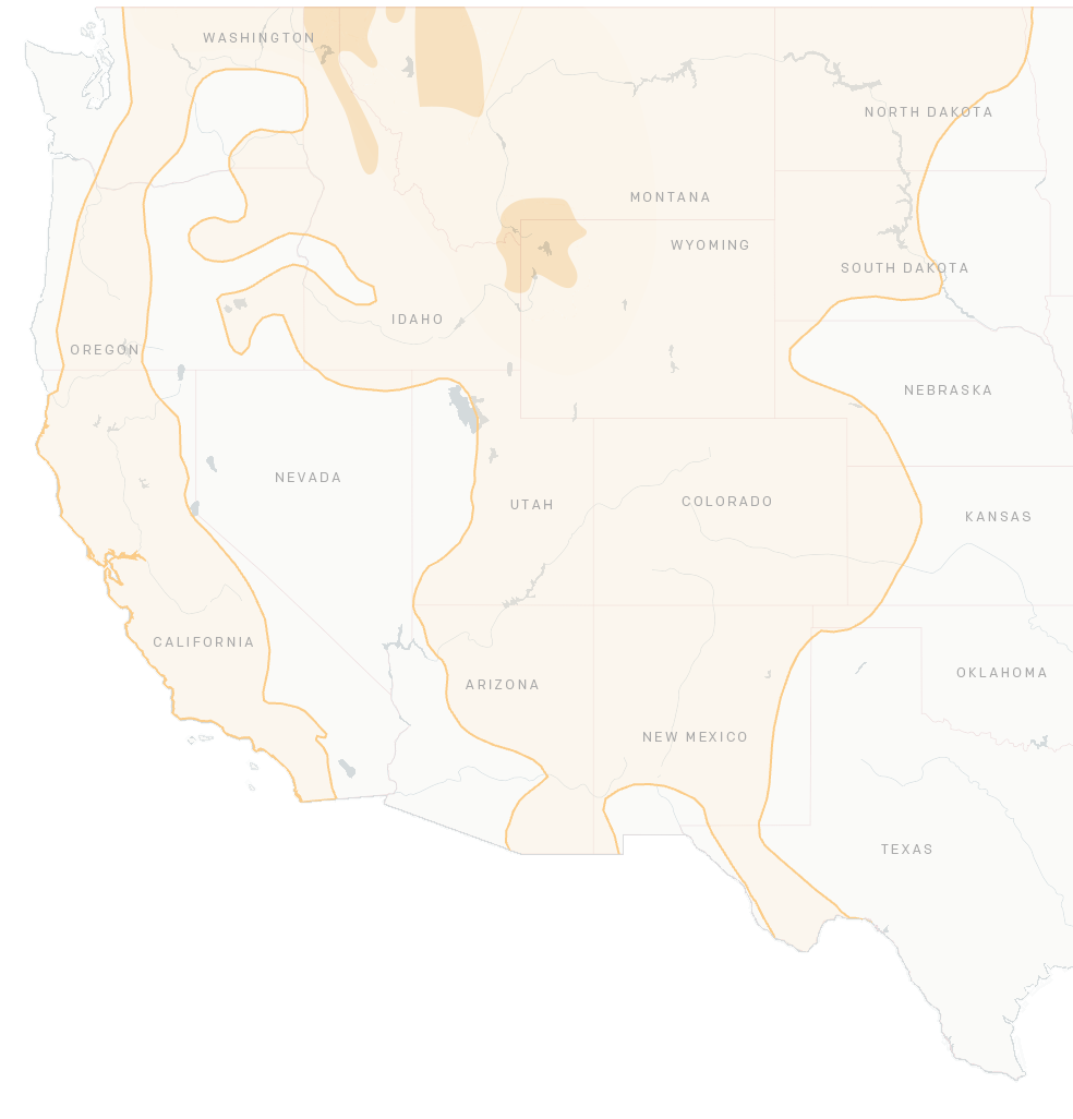 Map of estimated range of grizzly bears in 1975. The 1975 range covers small areas of Idaho, Montana, and Wyoming.