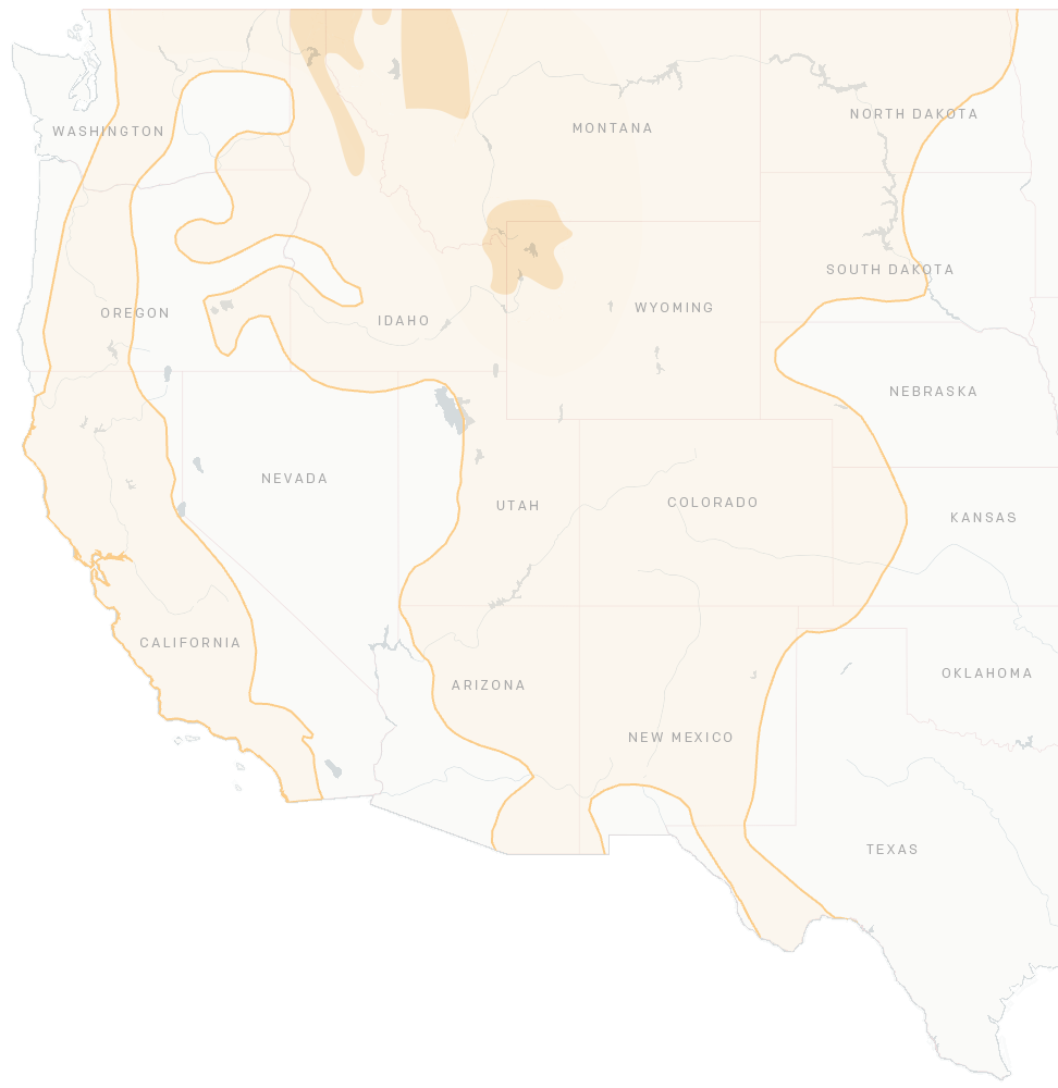 Map of estimated range of grizzly bears in 1975. The 1975 range covers small areas of Idaho, Montana, and Wyoming.