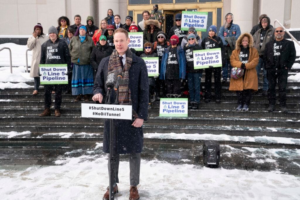 Adam Ratchenski, Senior Associate Attorney at Earthjustice representing the Bay Mills Indian Community, speaks at a press conference after a hearing at the Michigan Court of Appeals in Lansing, Mich., on Jan. 14, 2025. (Sarah Rice for Earthjustice)