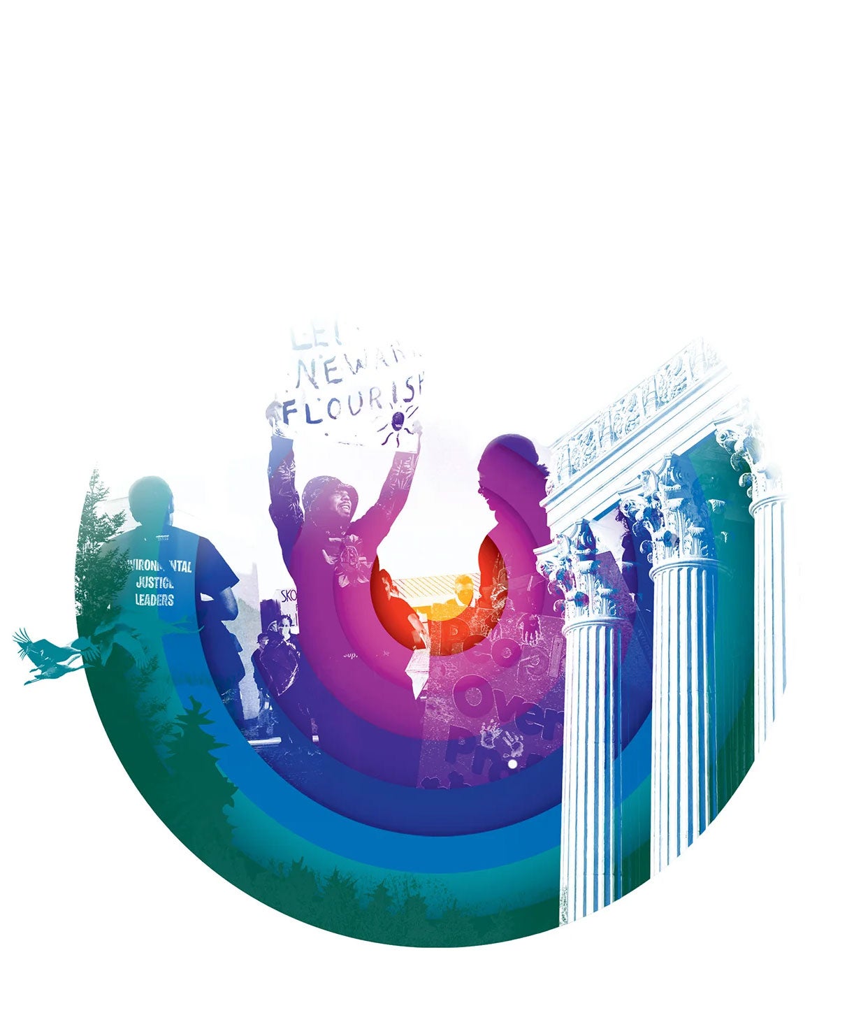 Cover image of the 2023 Earthjustice Annual report depicting the rainbow-colored collage of photos include a courthouse, changemakers holding up signs, a flock of birds, and a treeline.