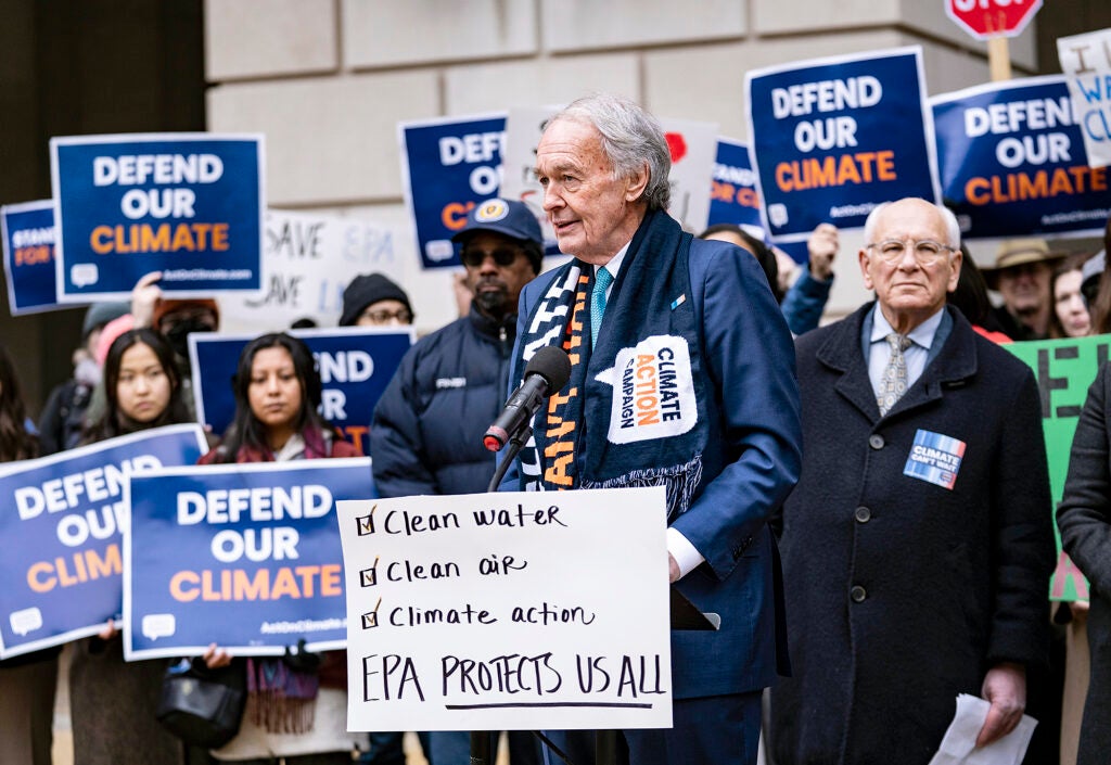 Sen. Ed Markey (D-MA) speaks at a demonstration outside of the Environmental Protection Agency headquarters in Washington on Feb. 6, 2025. Markey and other lawmakers were blocked from entering the EPA and meeting with Department of Government Efficiency (DOGE) officials. (Andrew Thomas / NurPhoto via AP)