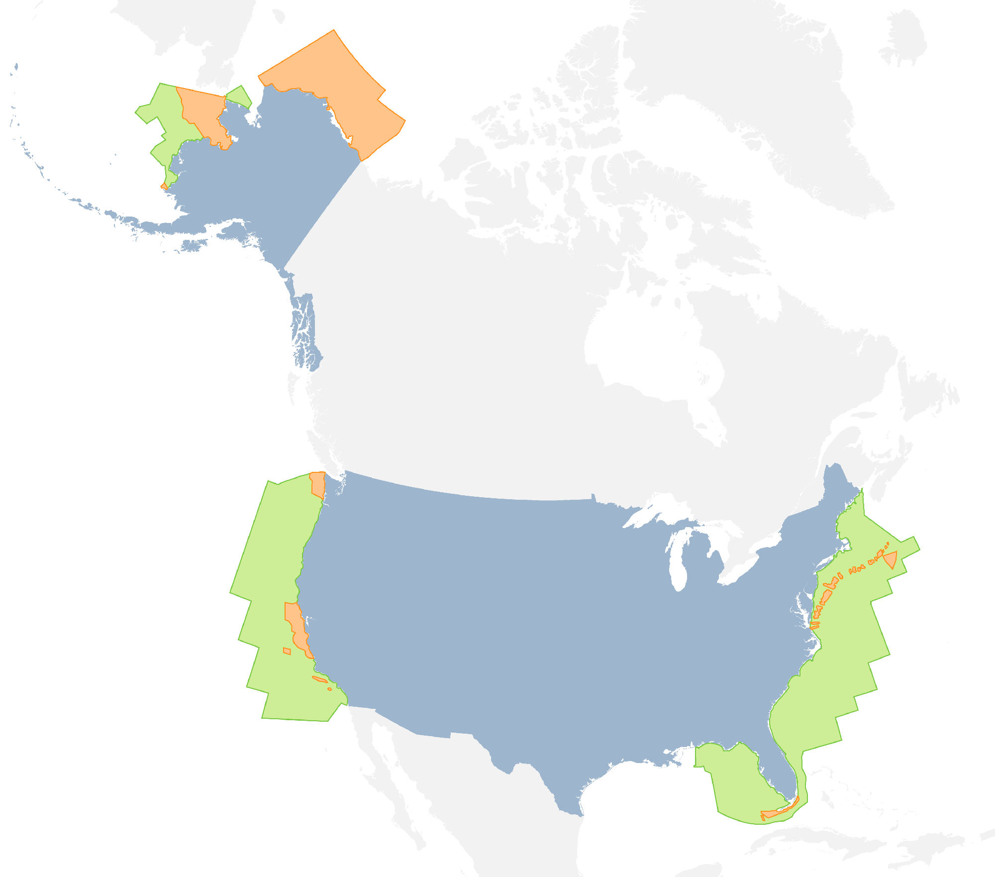 Background image of map showing new areas in the Gulf of Mexico, Atlantic Ocean, Pacific Ocean, and Bering Sea withdrawn from offshore oil leasing, and previously protected areas nearby.