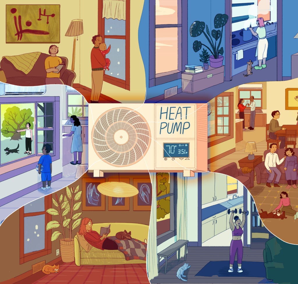 Illustration of how heat pumps power our everyday lives.