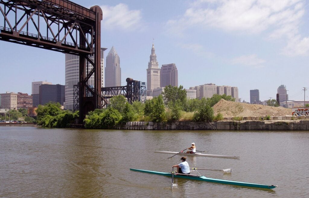 Today, the Cuyahoga River in Cleveland is enjoyed by recreationists. In 1972, Congress passed the Clean Water Act to protect U.S. waterways from abuses like the oily industrial pollution that caused the river to catch on fire in 1969. (Tony Dejak / AP)