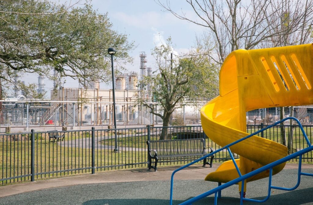 The playground at Fifth and Goodhope Park in Norco, Louisiana, is next to a large Shell refinery. (Brad Zweerink / Earthjustice)