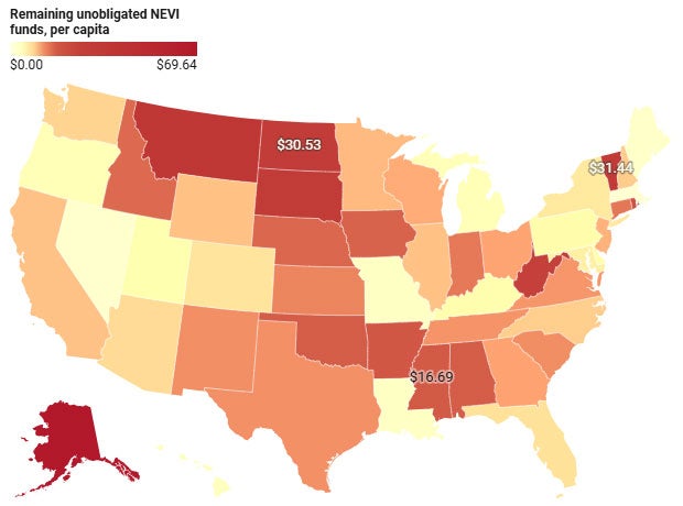Map of remaining unobligated NEVI funds, per capita.