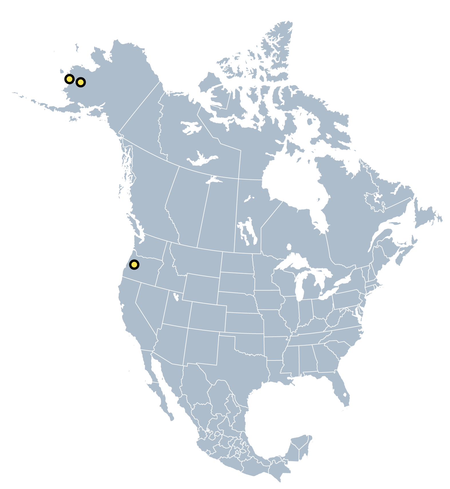 Map of North America showing the locations of Bethel and Kwigillingok in Alaska, and Eugene in Oregon.