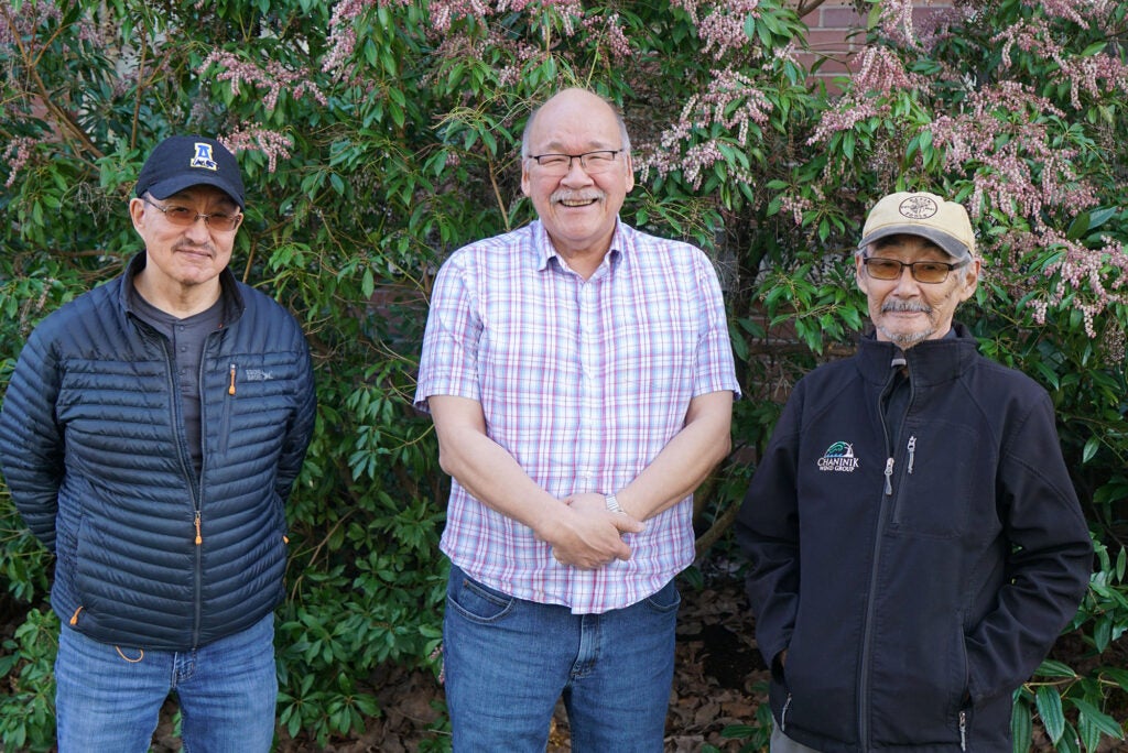 From left: Walter Jim, Chair of the Orutsararmiut Native Council (ONC), Ray Watson, an ONC Council Member, and William Igkurak, Council President of the Native Village of Kwigillingok, presented at the 2025 Public Interest Environmental Law Conference in Eugene, Oregon, on the threat of the Donlin Gold mine to their Kuskokwim River communities.  (Rebecca Bowe / Earthjustice)