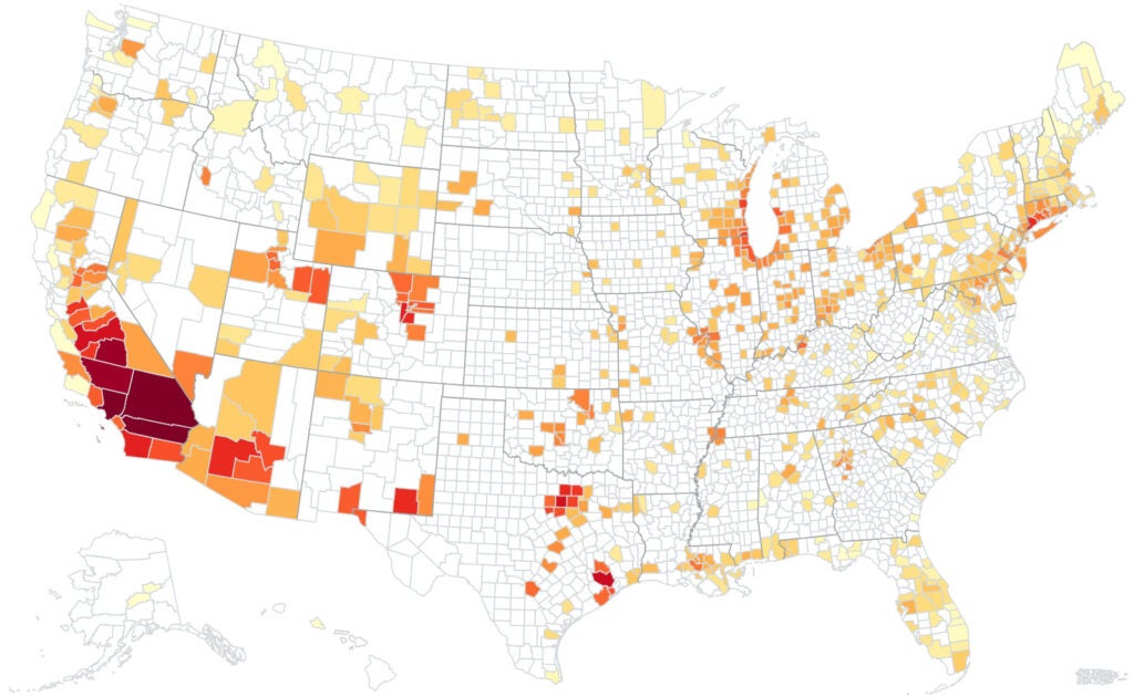Map of smog air pollution by county in 2024.