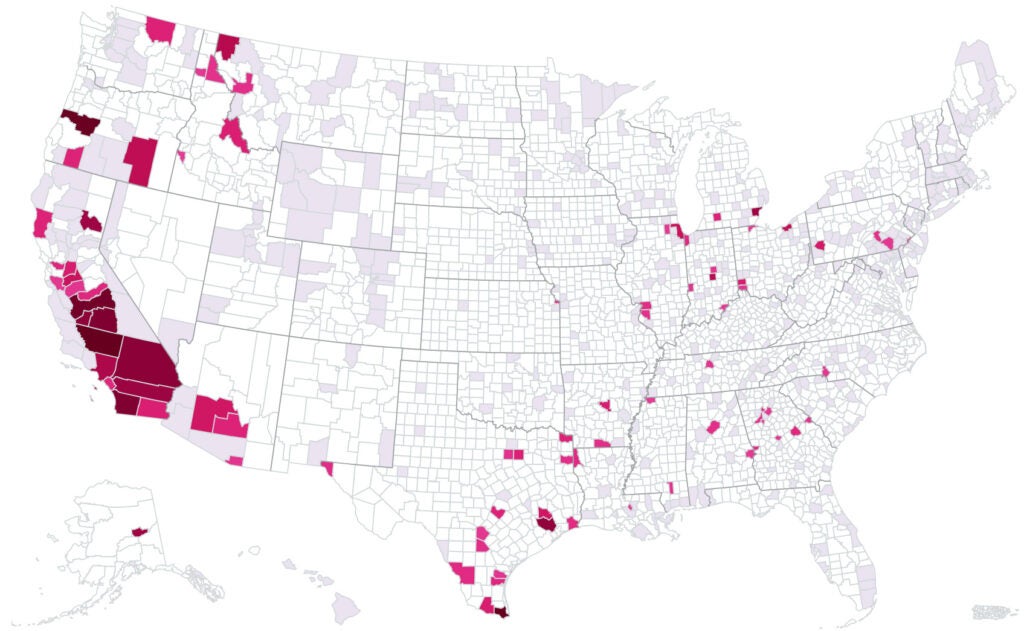 Map of soot air pollution by county in 2024.