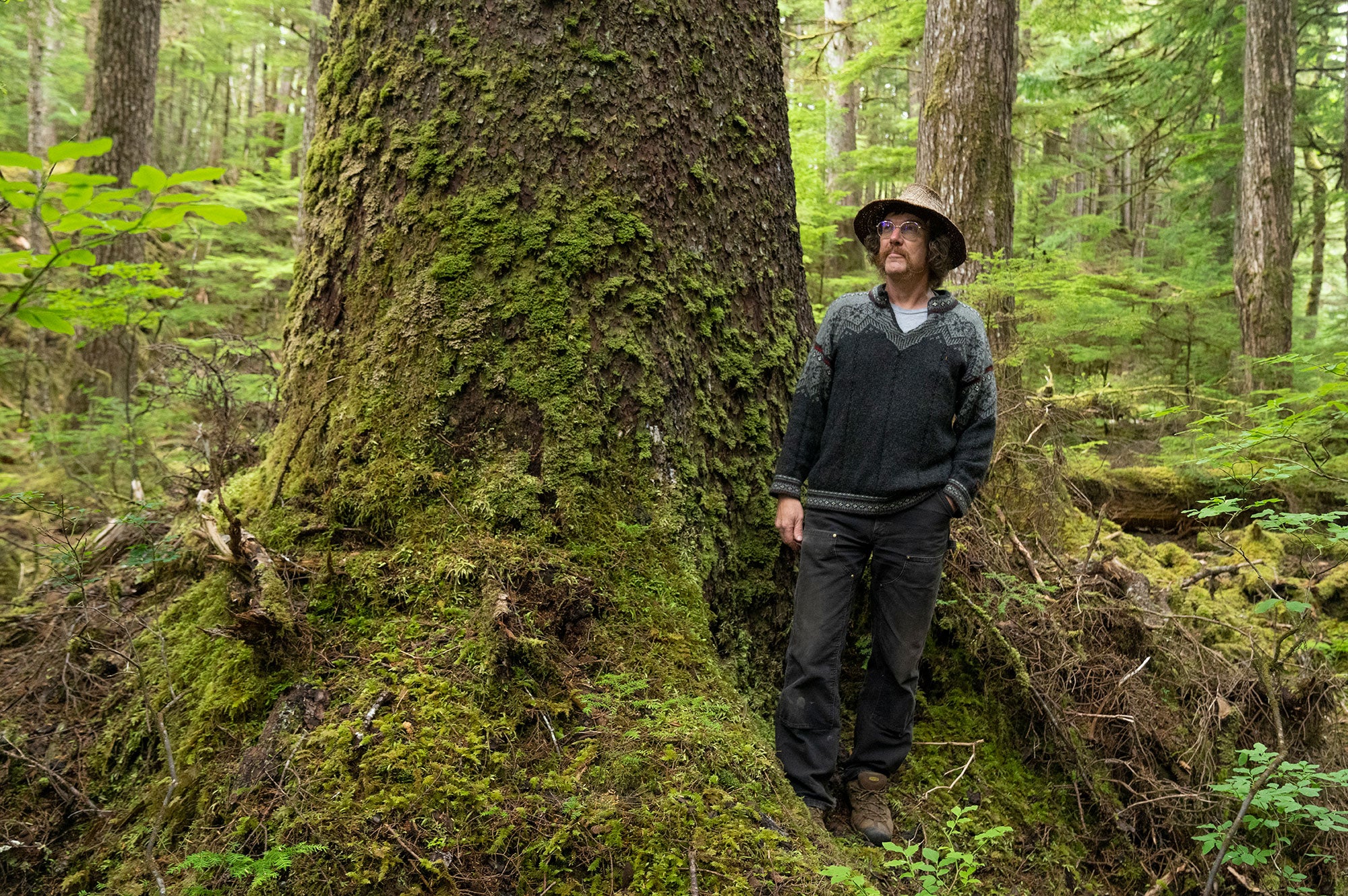 tongass_stormy-hamar_david-herasimtschuk Stormy Hamar, a Haida artist and carver and an Organized Village of Kasaan tribal council member, stands among old-growth trees near Kasaan, Alaska.