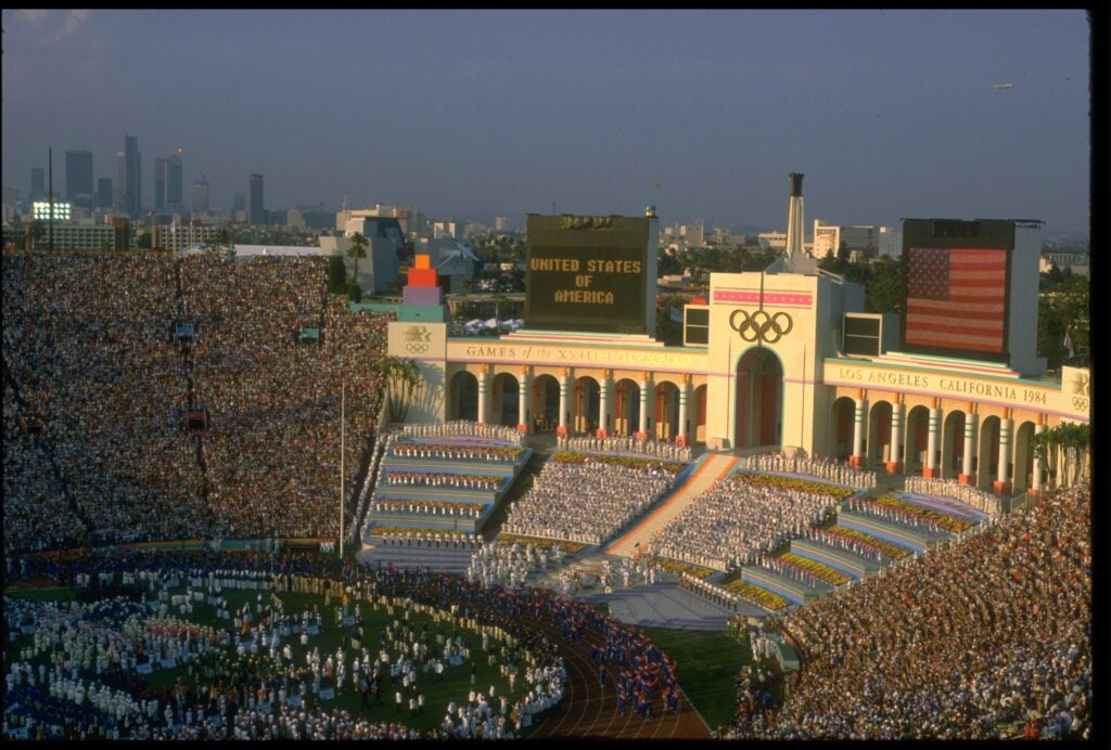 The smoggy opening ceremony for the LA 1984 Olympics.
