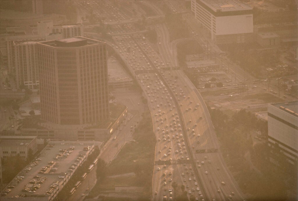 An aerial view of LA's smoggy air quality in 1985.