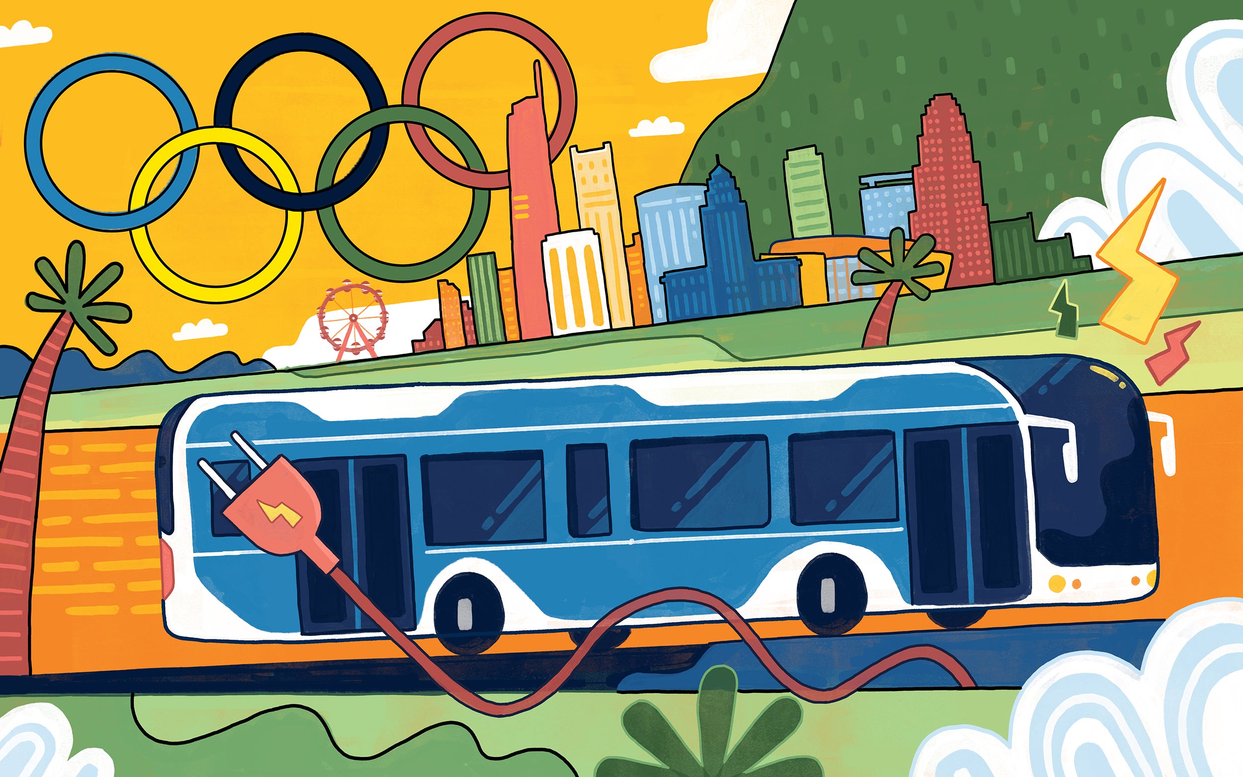 Electric bus illustration of a bus on a road with Los Angeles by Shaw Nielson
