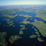 Aerial view of lakes and islands of Boundary Waters Canoe Area Wilderness.