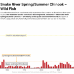 Chart showing population of Chinook salmon. The following text is overlayed on the map: Snake River Spring / Summer Chinook: Wild Fish. Columbia Basin salmon stocks naturally experience fluctuations in abundance from year to year, but most wild stocks continue a declining trend, and some — like Snake River Spring/Summer Chinook — are nearly at the quasi-extinction threshold (the point at which a population is functionally extinct because numbers are too low to recover).
