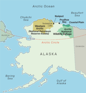 Map of the Western Arctic, Arctic National Wildlife Refuge, and Arctic Circle.