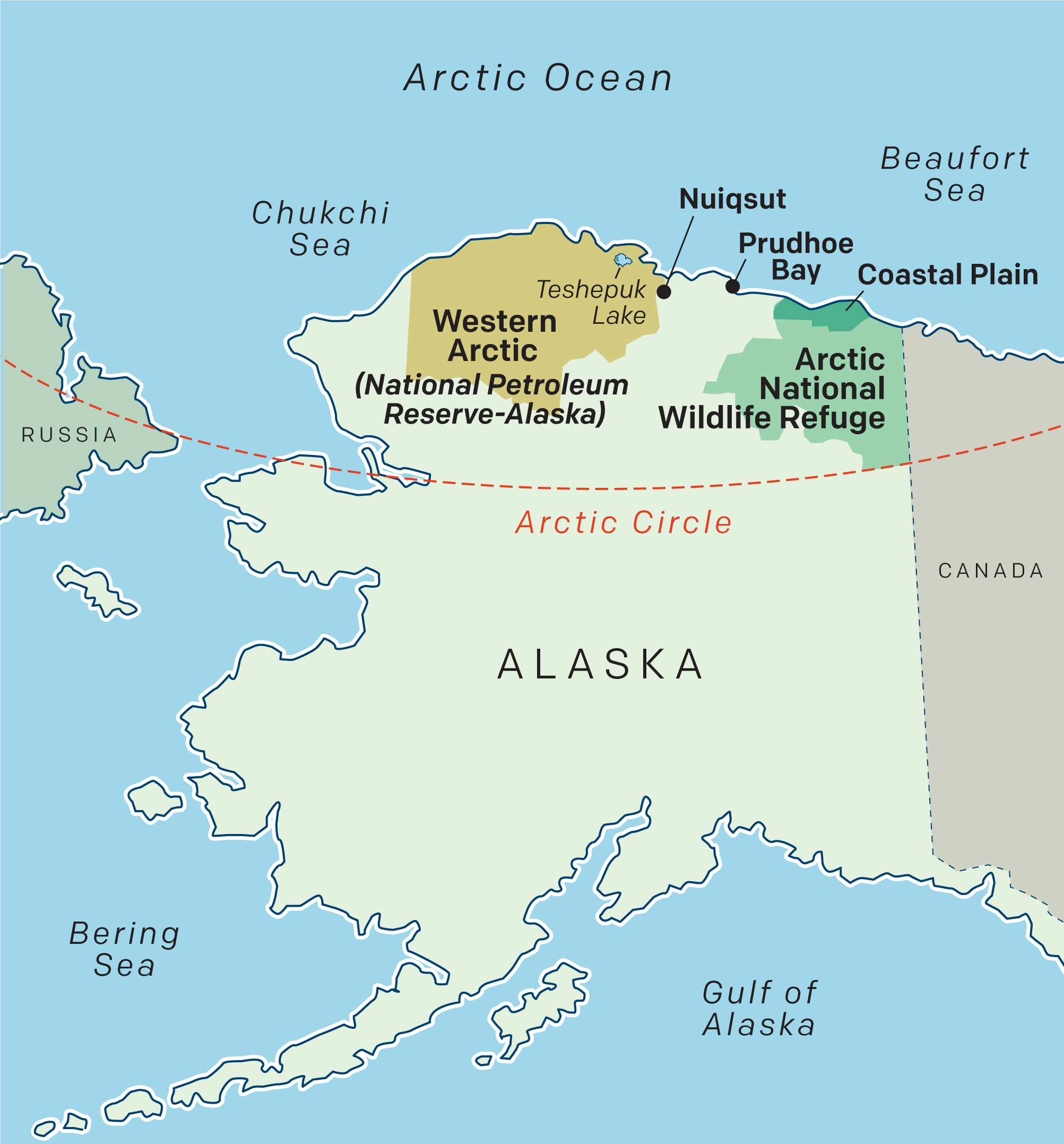 Map of the Western Arctic, Arctic National Wildlife Refuge, and Arctic Circle.