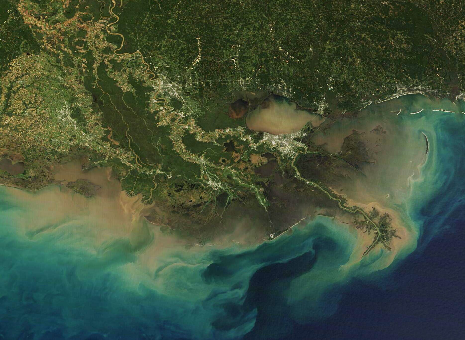 Southern Louisiana appeared as a complex patchwork of greens, grays, and muddy tan tones in this true-color image acquired by the Moderate Resolution Imaging Spectroradiometer (MODIS) on NASA’s Terra satellite on November 21, 2024.