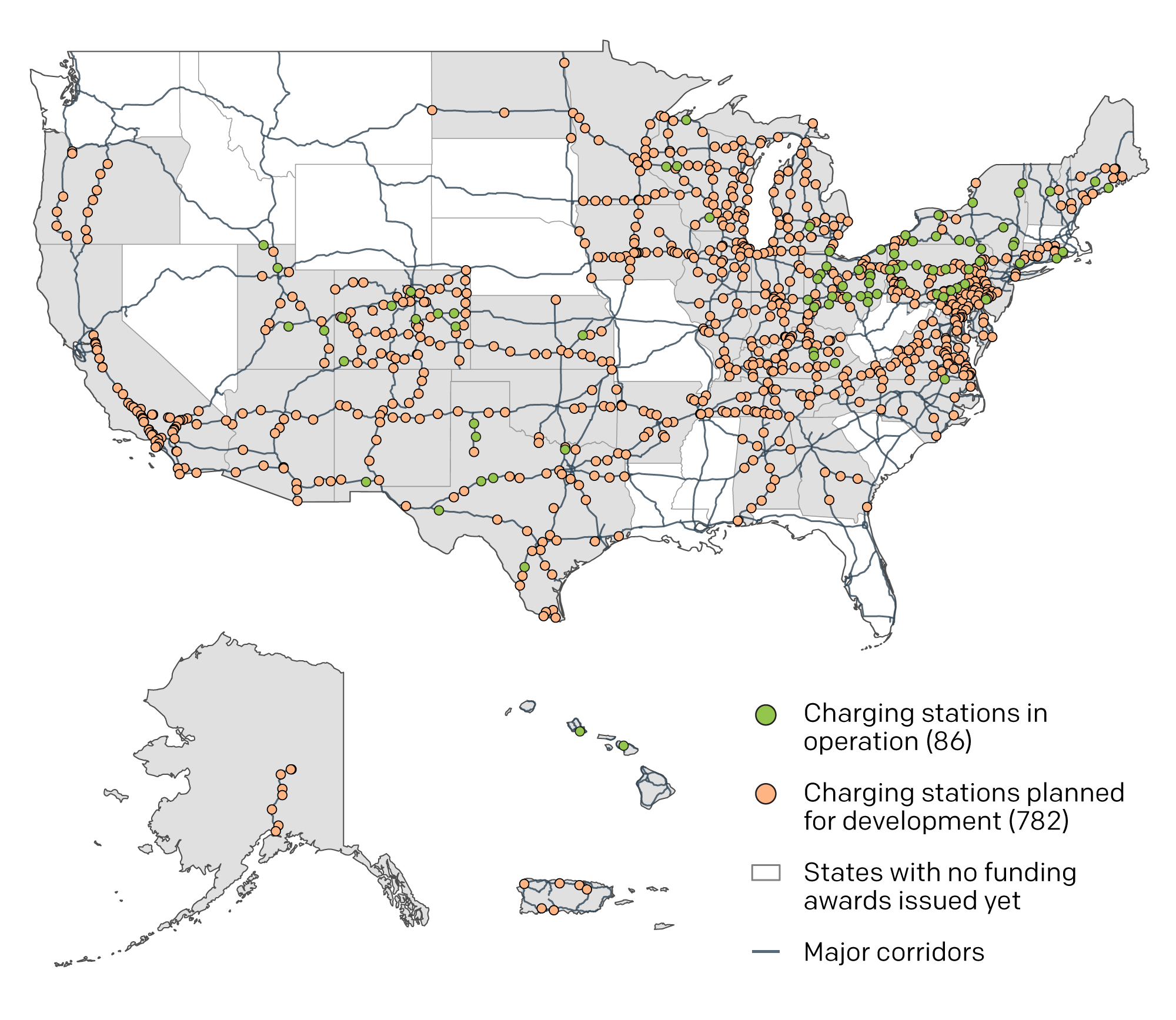 A map showing the locations in the 50 states and Puerto Rico of the 86 electric vehicle charging stations in operation, the 782 charging stations planned for development, states with no funding awards issued yet, and major transportation corridors.