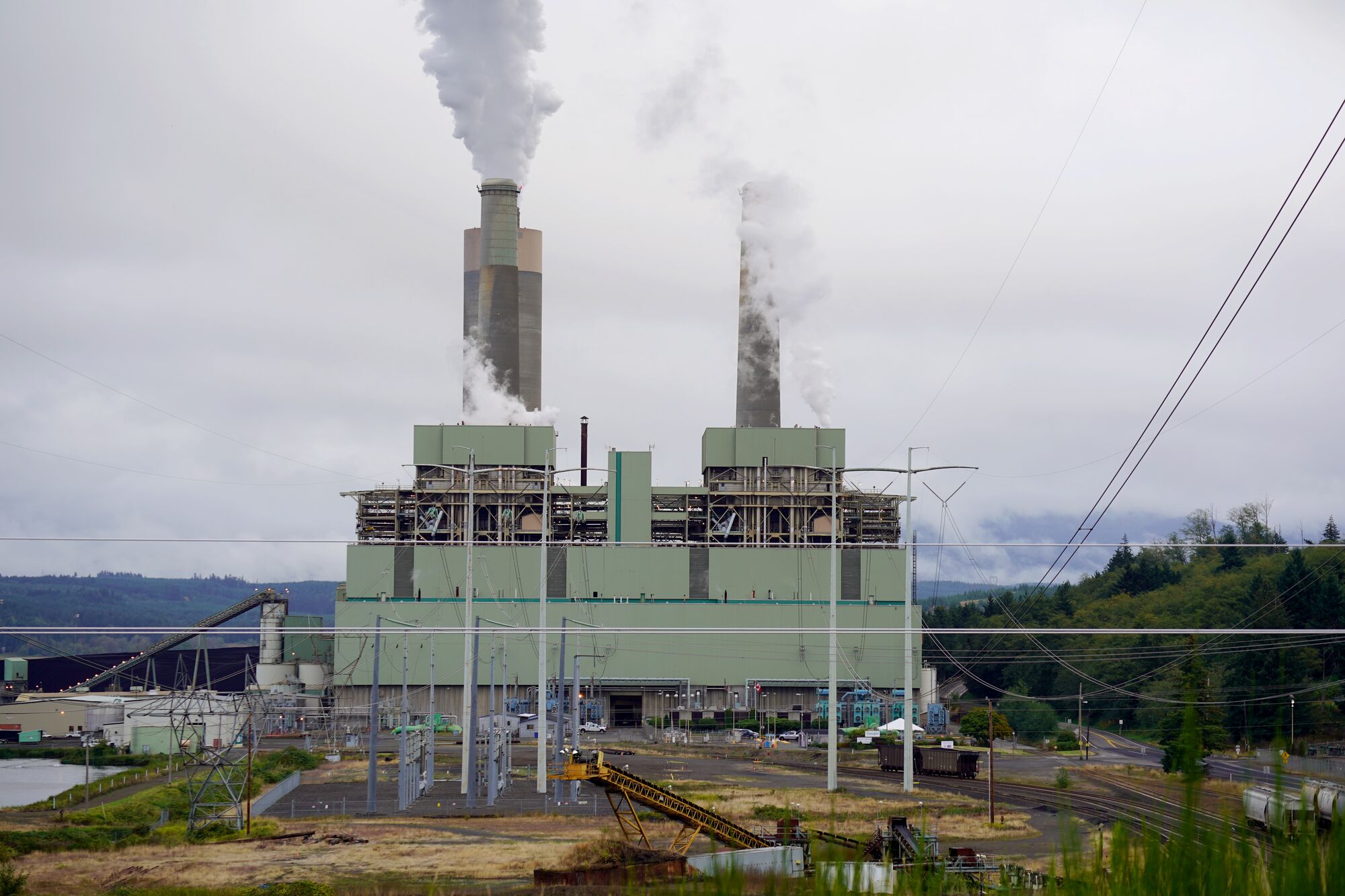 Large smokestacks on a coal-fired power plant, surrounded by thick, green forested area, emit thick smoky emissions under an overcast sky.