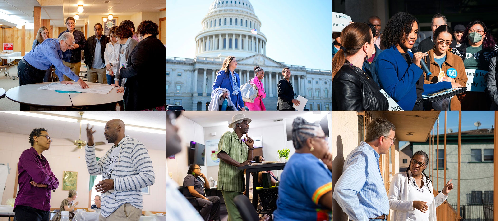 A grid of six photos showing Earthjustice attorneys working alongside partners and clients in a variety of locations, including a community meeting in Flint, Michigan, lobbying on Capitol Hill, visiting an urban oil drilling site in Los Angeles, listening to testimony during court proceedings in Uruguay, and more.