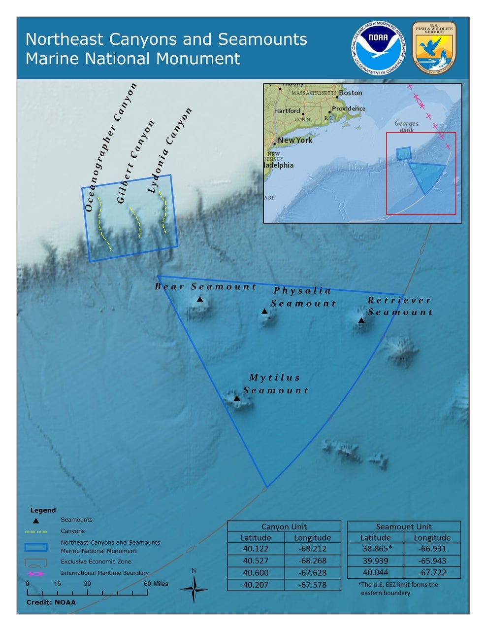 Map of the Northeast Canyons and Seamounts Marine National Monument from NOAA.