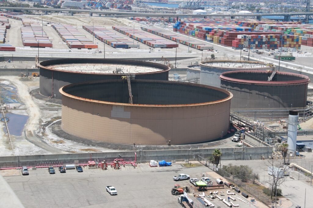 Oil storage tanks at the Port of Long Beach. 