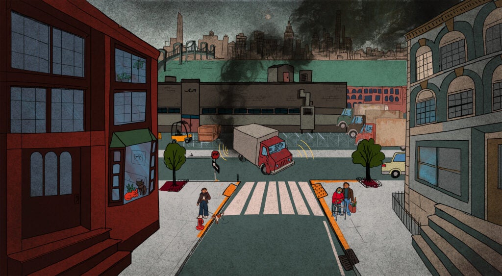 An illustration of a warehouse next to homes in a city. A polluting, noisy diesel truck is driving out from the warehouse parking lot. Across the street from the warehouse is a person walking their dog, and an elderly person using a walker, helped by another person holding a bag of groceries.