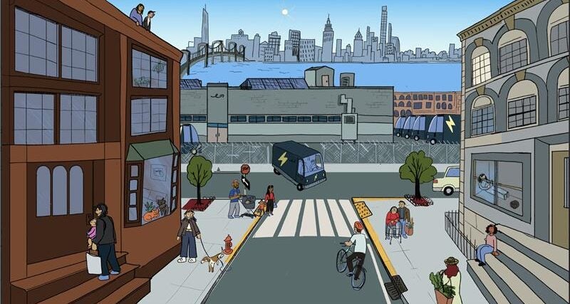 An illustration of a warehouse in a city. Quiet, clean electric delivery trucks are in the warehouse's parking lot. The streets across from the warehouse are filled with people going about their lives -- biking, shopping, walking a dog, families walking together, sitting on a front stoop, and more.