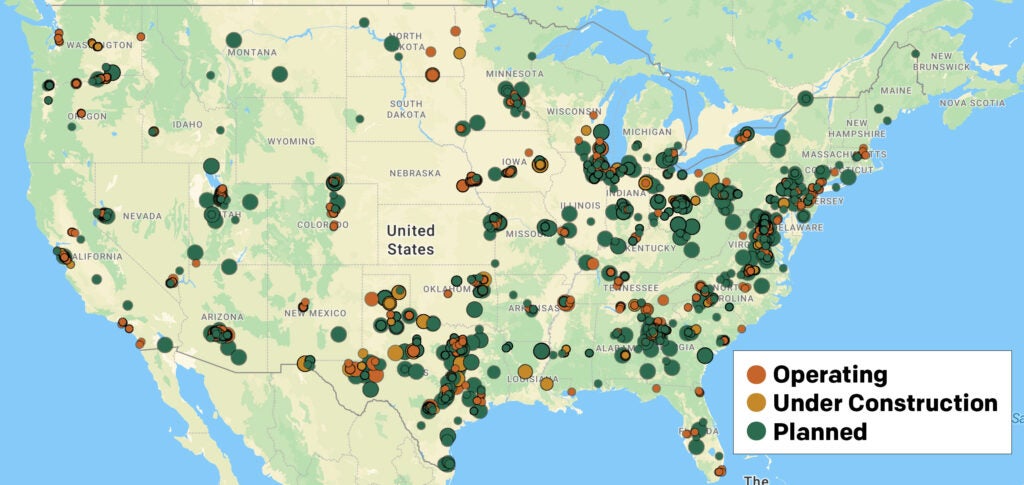 A map of the United States showing that dozens -- perhaps hundreds -- of currently operating and planned data centers are located in nearly every state in the lower 48.