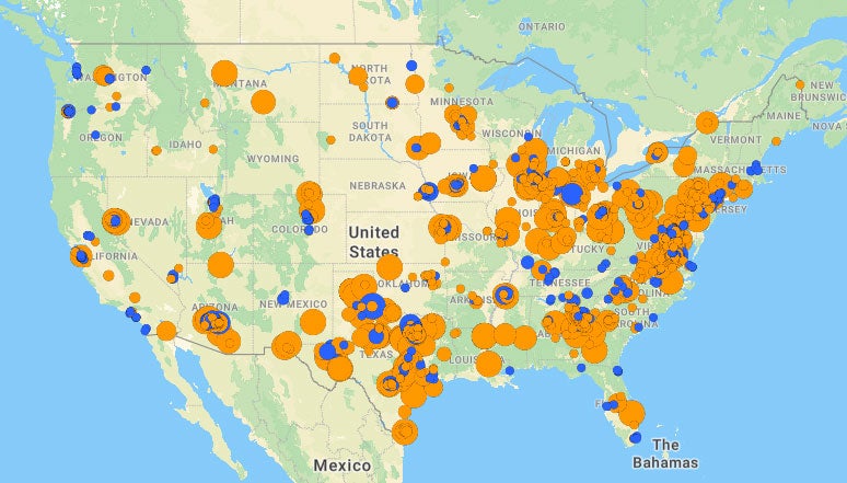 A map of the United States showing that dozens -- perhaps hundreds -- of currently operating and planned data centers are located in nearly every state in the lower 48.