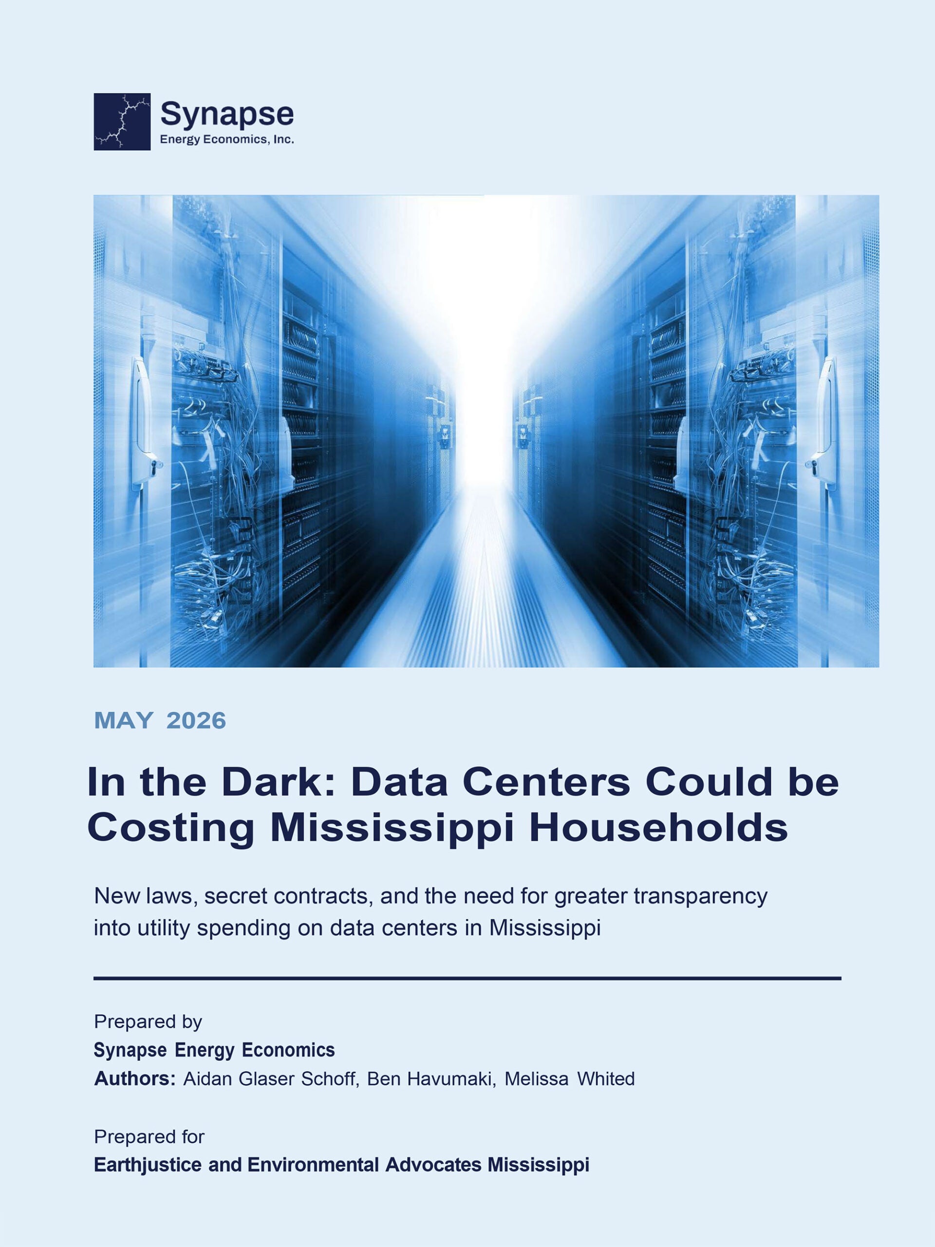 Cover image to the report, "In the Dark: Data Centers Could be Costing Mississippi Households."